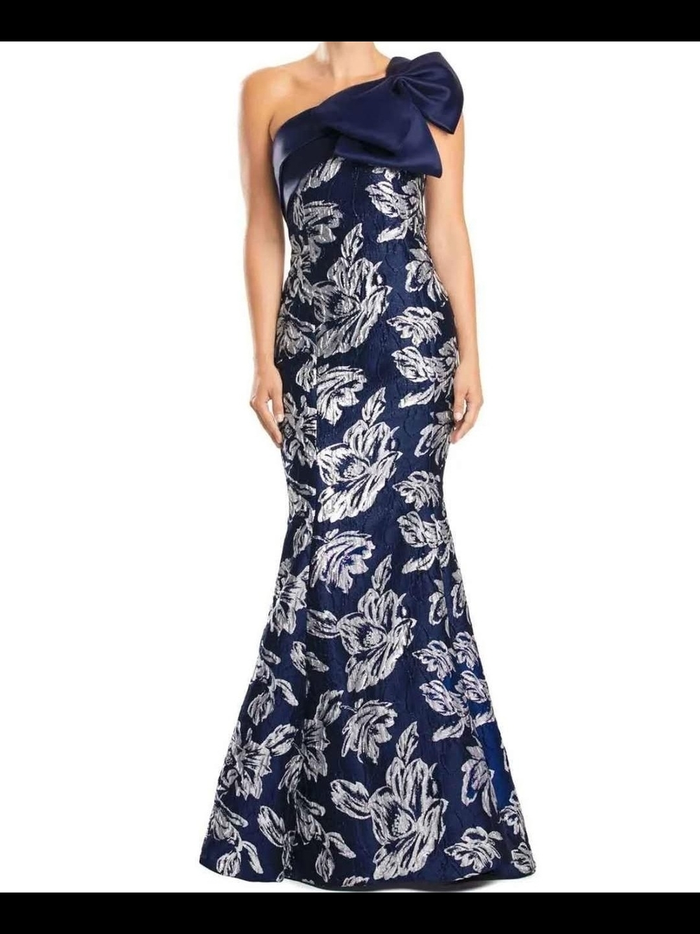 Navy One-Shoulder Floral Jacquard Gown with Bow
